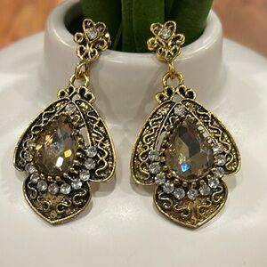 Golden Brown Crystal Rhinestone Dangling Earrings